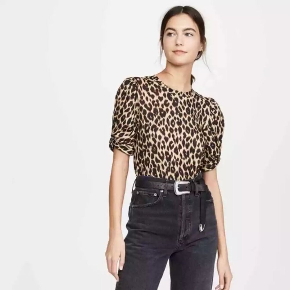 A.L.C. Kati Leopard Tee Size XS Animal Print Short Ruched  Sleeve Top Cotton